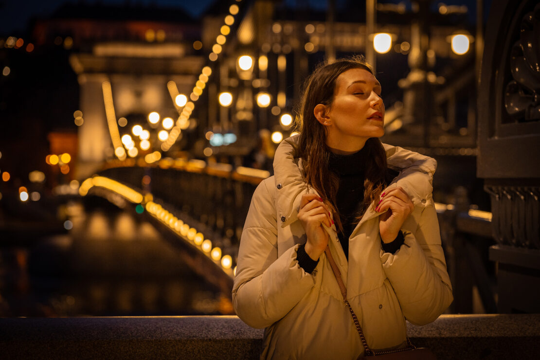 Portrait photo soot at night in Budapest holiday memories